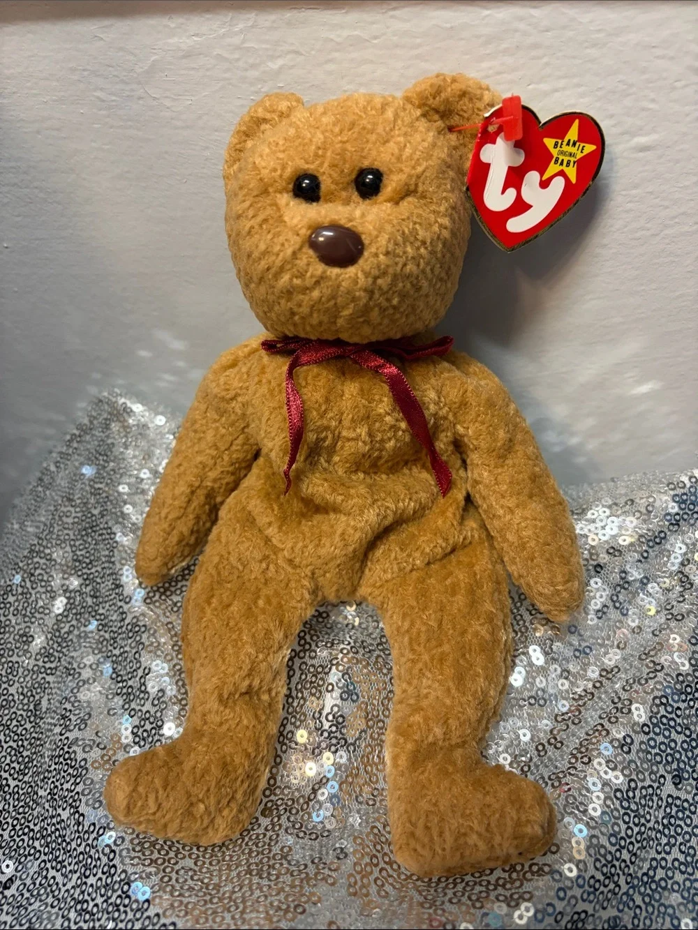 NWT Curly the Bear Ty Brown Beanie Baby Teddy with Red Ribbon
